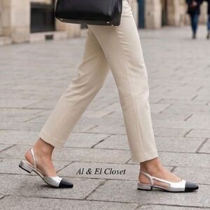 Marc Fisher DELA2 Silver & Black Cap Toe Slingback Flats Women’s 8M New with Box